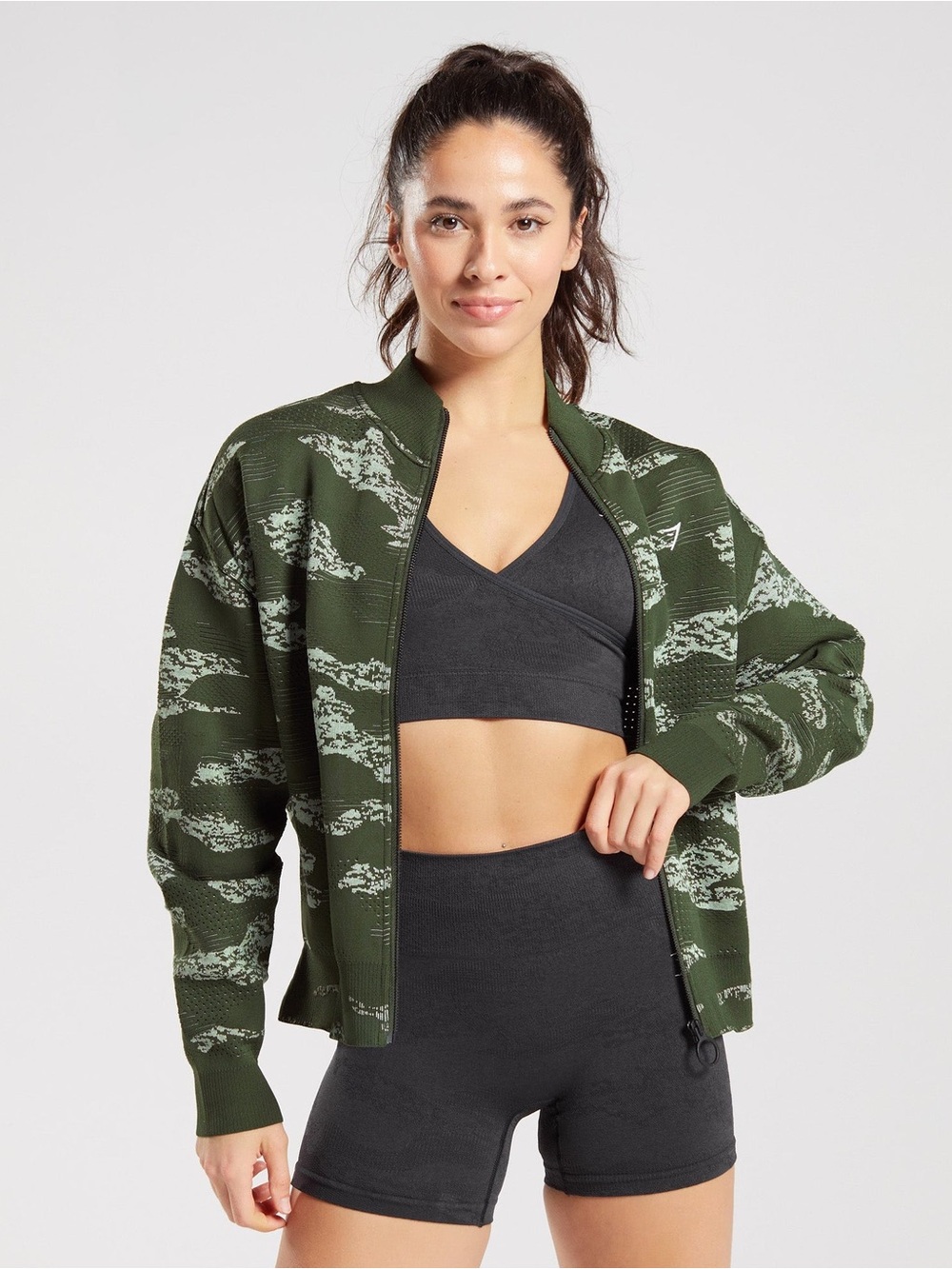 Gymshark Adapt Camo Seamless Track Jacket in Moss Olive/Aloe Green Medium
